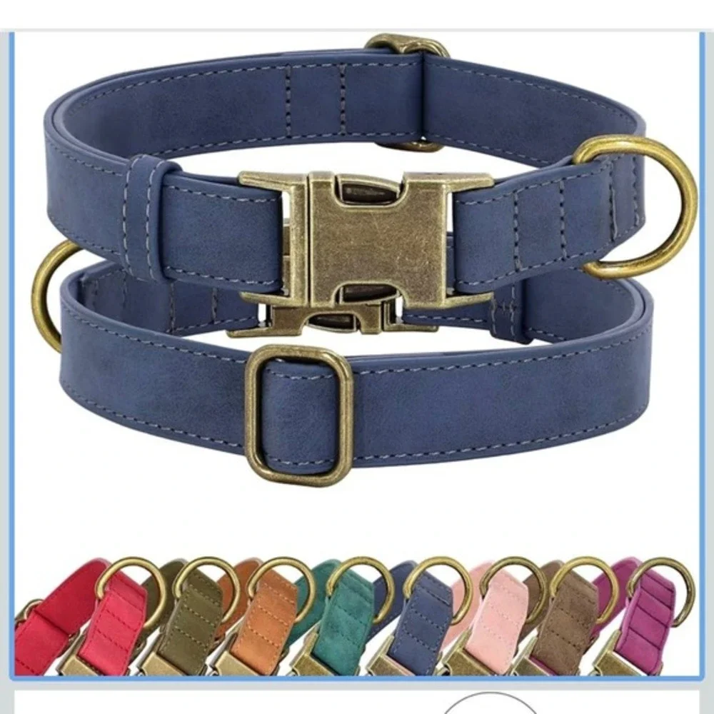New Didog‎ Leather Dog Collar Blue Size M Metal Buckle Adjustable Sturdy Ring